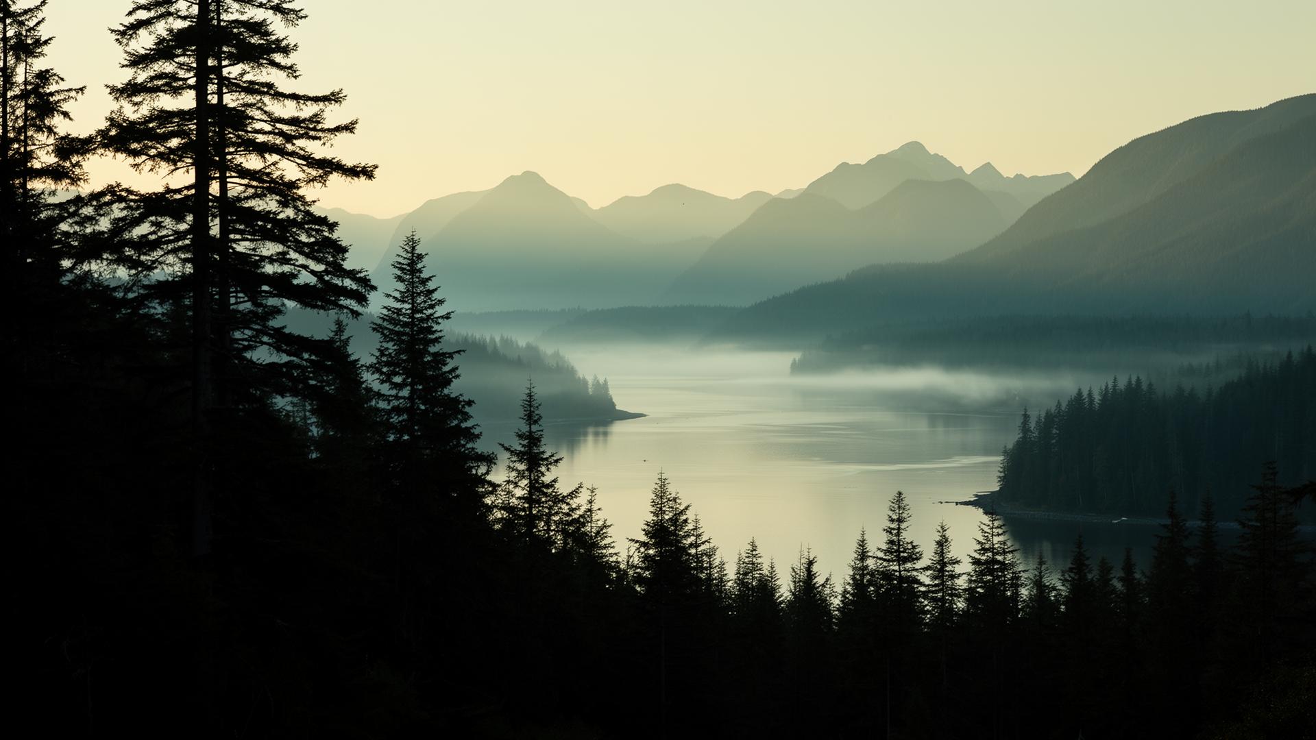 Misty Sunshine Coast inlet at dawn with cedar forest