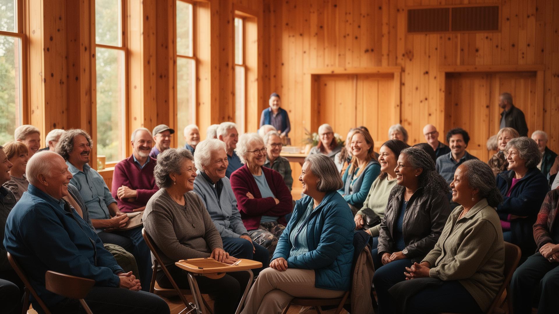 Residents gathered in a cedar community hall